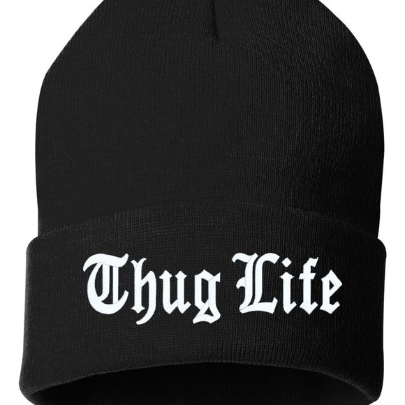 Thug Life BLACK Cuffed Embroidered Beanie Hat, Embroidered Gift, Dad,Winter Hat - Picture 1 of 2